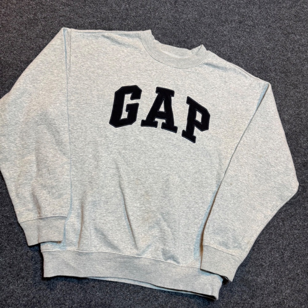 Gap Arch Logo Crewneck Sweatshirt Heather Gray Navy Blue Fleece Mens Small - Picture 2 of 6